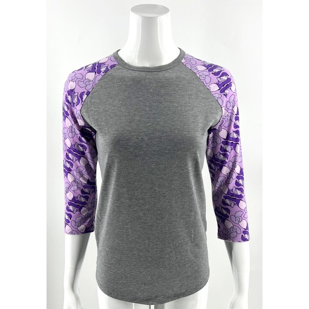 LuLaRoe Randy Top Size XS Purple Gray Disney Donald Duck Raglan Sleeve Tee Shirt